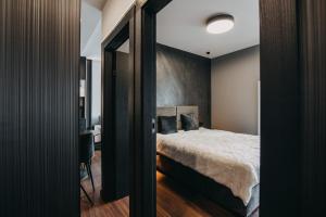 波茲南的住宿－Black&White Bukowska18 B Apartment with Balcony and Garage，一间卧室配有一张床和一面大镜子