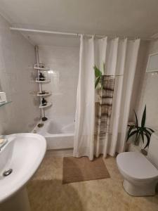 y baño con aseo y cortina de ducha. en Άνετο, μεγάλο σπίτι κοντά στο μετρό en Pireo