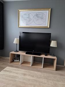 a flat screen tv on a wooden tv stand in a living room at Selfoss Apartment in Selfoss