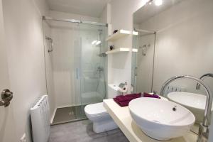 y baño con aseo, lavabo y ducha. en CUENCALOFT LA CASA DEL JARDINILLO, en Cuenca