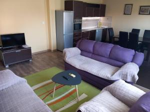 ein Wohnzimmer mit einem lila Sofa und einer Küche in der Unterkunft Apartment Filipovic in Podgorica