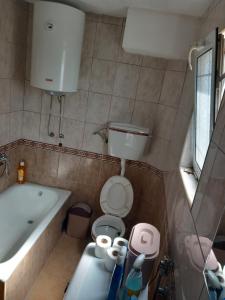 ein Badezimmer mit einer Badewanne, einem WC und einem Waschbecken in der Unterkunft Apartment Filipovic in Podgorica