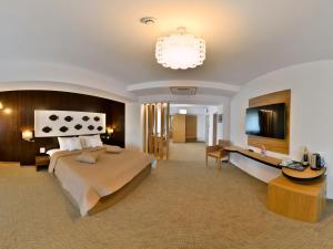 a large bedroom with a large bed and a chandelier at Hotel Condor Tulcea in Tulcea