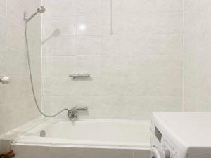 a bathroom with a bathtub with a shower nozzle at Spacious 4 room apartment in Hanau in Hanau am Main