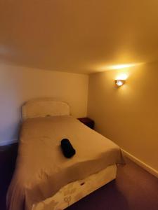 un pequeño dormitorio con una cama con sombrero en Down Town Room, en Plymouth 4 fotos más