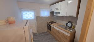 uma pequena cozinha com armários brancos e um lavatório em Apartman Regina em Sunger