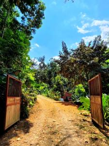 an open gate on a dirt road with trees at Ecoscape Jamaica - Cottages by the river in Ocho Rios