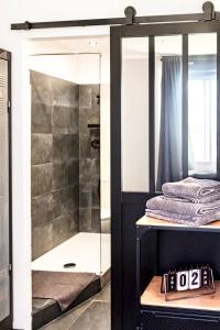 W łazience znajduje się prysznic ze szklanymi drzwiami. w obiekcie LE PTIT LOCMARIA - Calme - Wifi - Proche Centre ville w mieście Quimper
