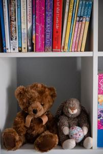 Dois ursinhos de peluche sentados numa prateleira com livros. em Debenham Lodge Margate em Kent