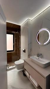 a bathroom with a sink and a toilet and a mirror at Cubrio Apartments in Iaşi