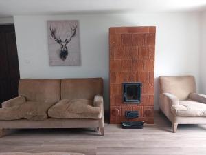 a living room with a couch and a fireplace at Máré-vára vendégház in Magyaregregy