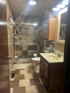 a bathroom with a shower and a toilet and a sink at The Hidden Nugget 