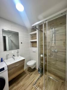a bathroom with a shower and a toilet and a sink at Apartman Eden in Brčko