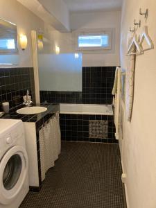 a bathroom with a sink and a washing machine at Gîte du Port in Châteauneuf-sur-Loire