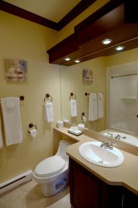 La salle de bains est pourvue de toilettes, d'un lavabo et d'un miroir. dans l'établissement Motel du Littoral, à Rimouski