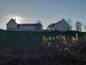 a barn and a house on a grassy field at Ca'Triz in Borgloon