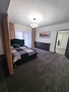 sypialnia z łóżkiem i lustrem w obiekcie Central Apartment w mieście Târgu Jiu