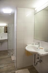 a bathroom with a sink and a glass shower at Hotel Landle in Galtür