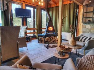 a living room with a fireplace and a tv at Dakota forest retreat in Tsigov Chark