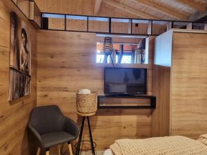 1 dormitorio con TV, silla y cama en Dakota forest retreat, en Tsigov Chark