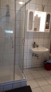 een badkamer met een douche en een wastafel bij Főnix Apartmanház in Vonyarcvashegy
