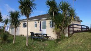 a picnic table in front of a house with palm trees at F11 Roslyn, Riviere Towans in Hayle