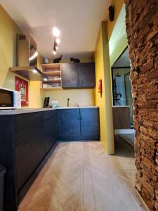 a kitchen with blue cabinets and a stone wall at Le 23 - La Roche-en-Ardenne in La Roche-en-Ardenne
