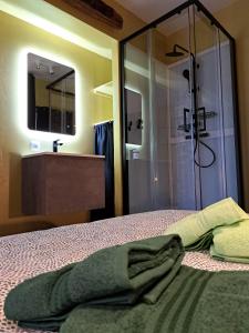 1 dormitorio con 1 cama con ducha y lavamanos en Le 23 - La Roche-en-Ardenne, en La-Roche-en-Ardenne