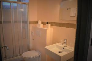een badkamer met een toilet, een wastafel en een douche bij Hotel Mezonvin in Antwerpen