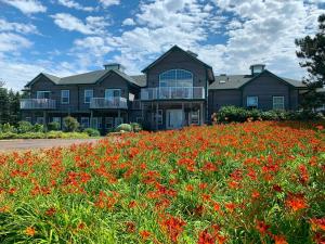 una casa grande con un campo de flores rojas en Ned's Landing at Spry Point, en Little Pond