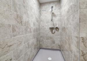 a bathroom with a shower with a toilet in it at Oddicombe Hall Flat 2 in Torquay