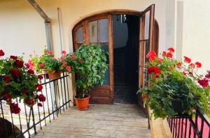 uma entrada para uma casa com flores no alpendre em Spacious Stylish Apartment in Old Town em Sibiu