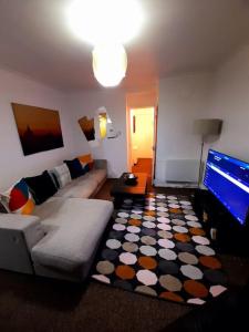 uma sala de estar com um sofá e uma televisão de ecrã plano em Entire One Bedroom Apartment Near Stratford em Londres