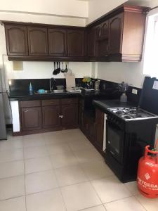 a kitchen with wooden cabinets and a black stove at Stargazers Apartment in Olongapo