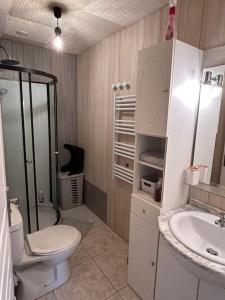 La salle de bains est pourvue de toilettes et d'un lavabo. dans l'établissement Charmante maison aux sables 6 personnes, à Olonne-sur-Mer