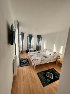 a bedroom with a bed and a tv in it at Pensiunea RNB Maramures in Şurdeşti