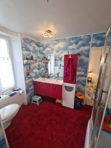a bathroom with a sink and a red carpet at La Chaloupe Chambres d'hotes in Saint-Pierre-Quiberon