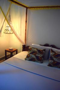 a bedroom with a bed with two pillows on it at Maryam Garden Apartments & Villa in Bwejuu