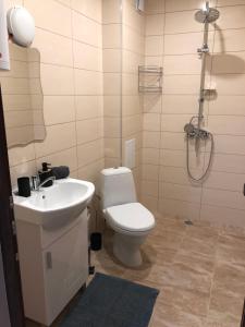 La salle de bains est pourvue de toilettes, d'un lavabo et d'une douche. dans l'établissement Superb apartment Free Underground Parking, à Pazardjik
