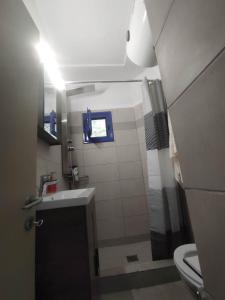 a bathroom with a shower and a sink and a toilet at Platanaki Mountain Home 