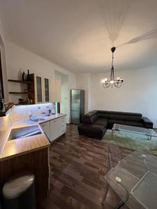 een keuken en een woonkamer met een bank en een tafel bij Folimanka apartment in Praag