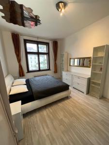 een slaapkamer met een bed en een groot raam bij Folimanka apartment in Praag