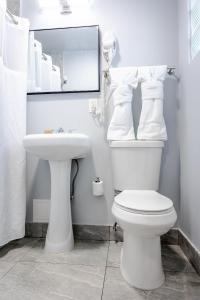 a bathroom with a toilet and a sink and a mirror at Up Midtown in Miami