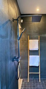 y baño con ducha, escalera y toallas. en CASA FERDI 1, logement entier avec piscine privée, en Le Marin