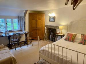 1 dormitorio con cama, escritorio y chimenea en Corndonford farm en Newton Abbot
