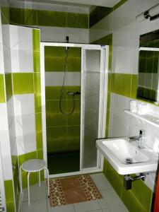 baño verde y blanco con ducha y lavamanos en Hotel Vysocina, en Chotěboř