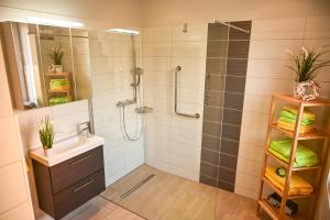 a bathroom with a shower and a sink at Fewo Pöhlbergblick Wolkenstein in Wolkenstein +39 photos