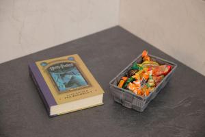 Vrnjačka Banja的住宿－Soho 1，书坐在书旁的食品容器旁的书