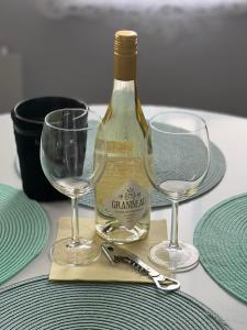 eine Flasche Wein und zwei Gläser auf dem Tisch in der Unterkunft Apartament Dolny Śląsk in Wałbrzych