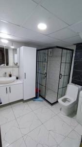 een badkamer met een douche, een toilet en een wastafel bij The unit beside historical elevator in Konak